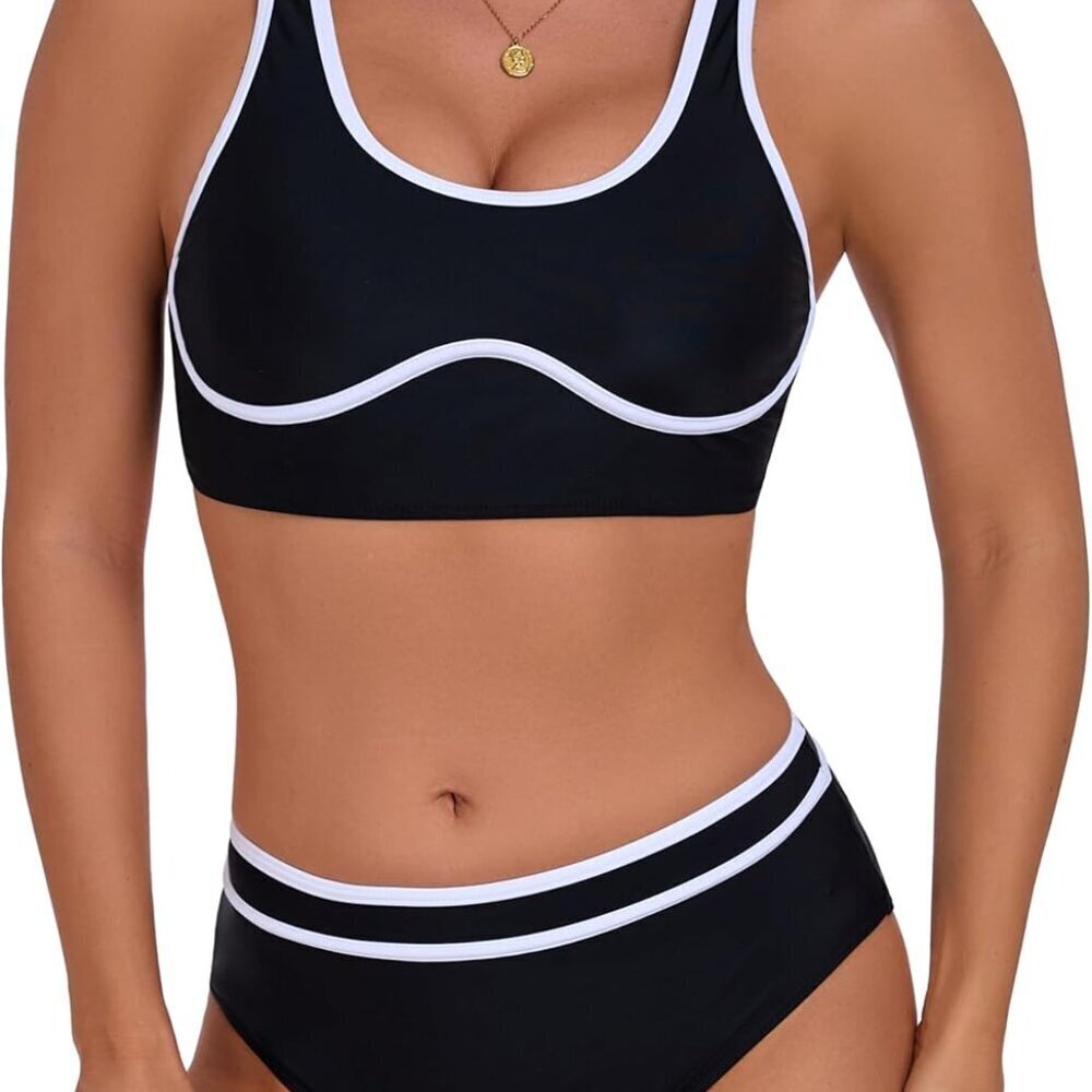 Women’s High Waisted Bikini Sets Sporty Two Pieces Swimsuit Color Block Bathing - Picture 1 of 6